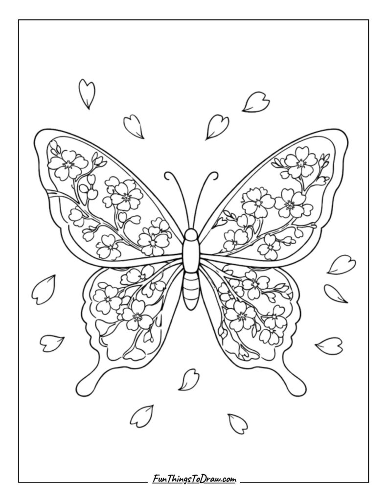 Floral Butterfly with Falling Petals Coloring Page