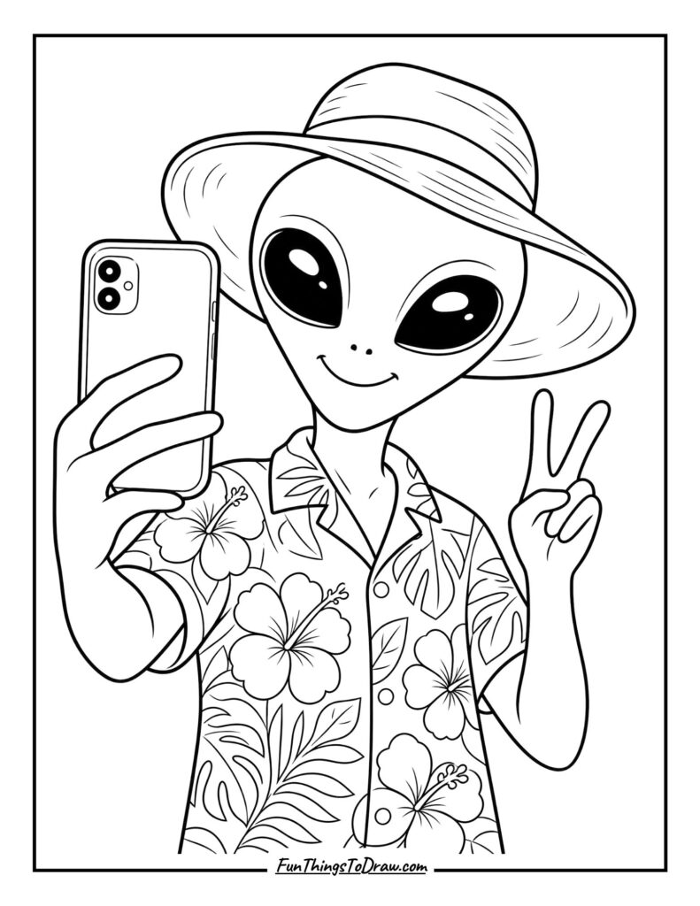 Alien Tourist Taking Selfies coloring page