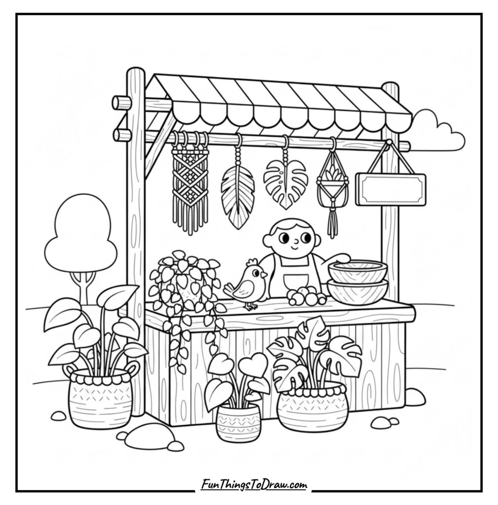 Boho Market Stall Coloring Page