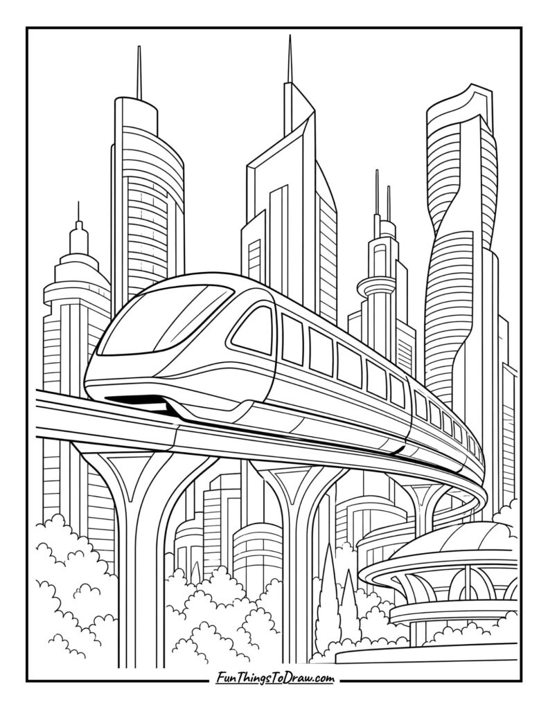 Monorail in a Cityscape coloring page