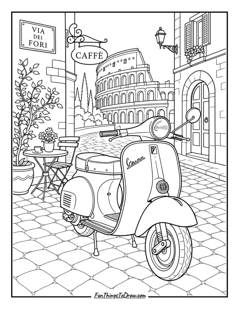 Roman Holiday Vespa Coloring Page
