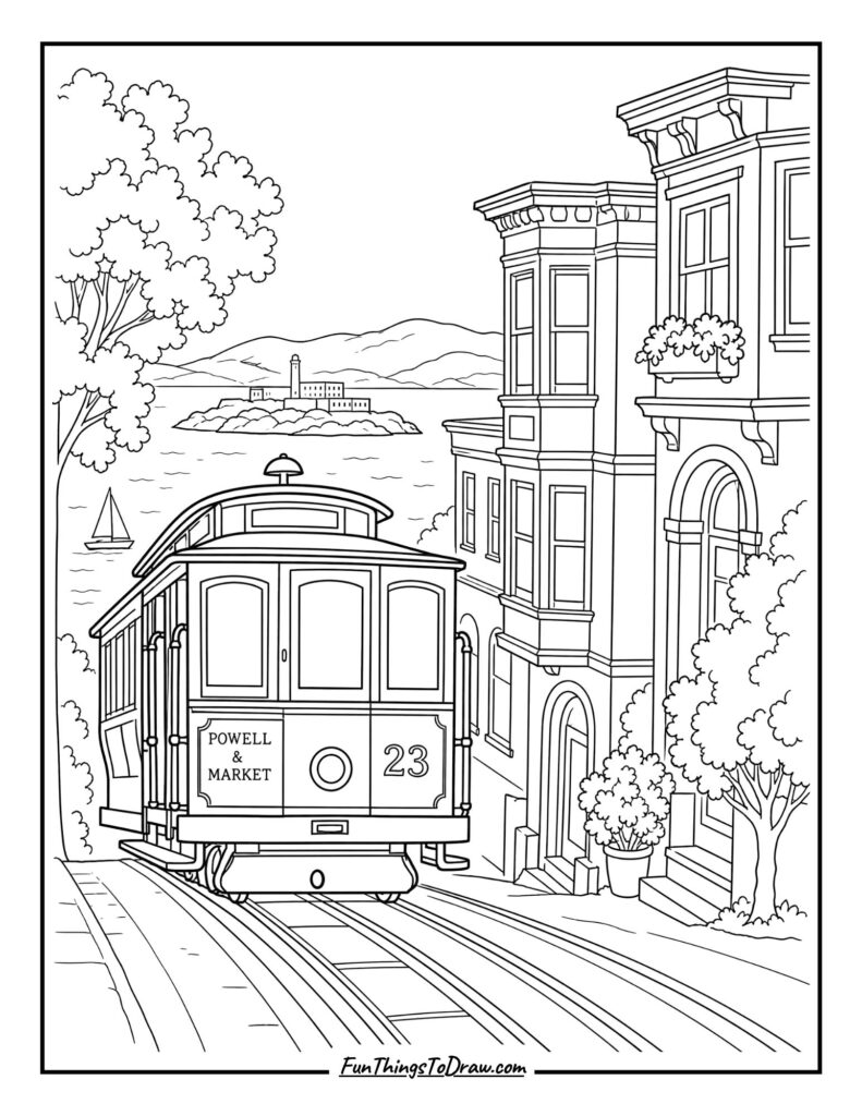 Cable Car on a Hill coloring page