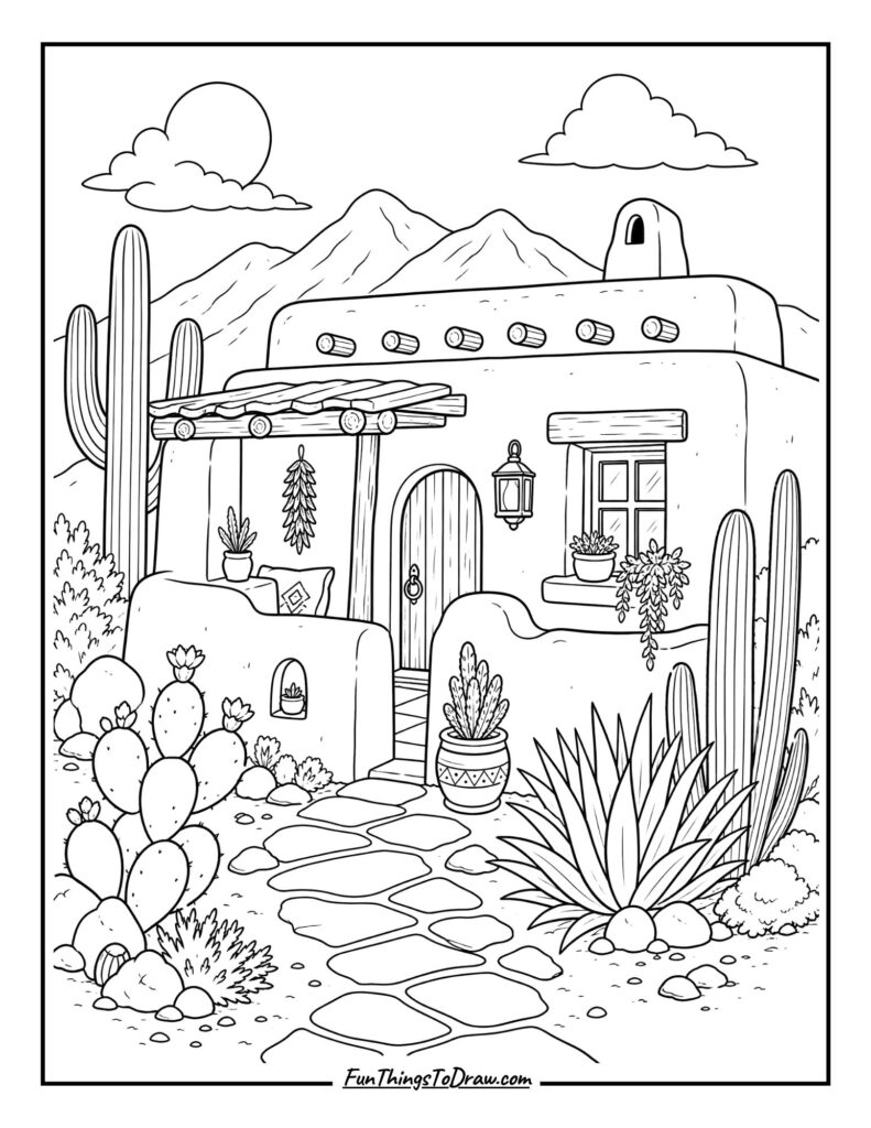 Desert Adobe Oasis Coloring Page