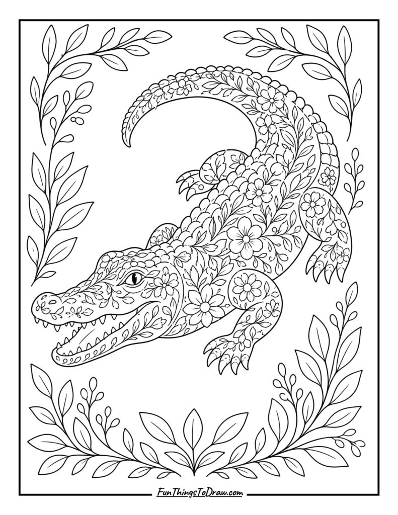 Floral Crocodile Coloring Page