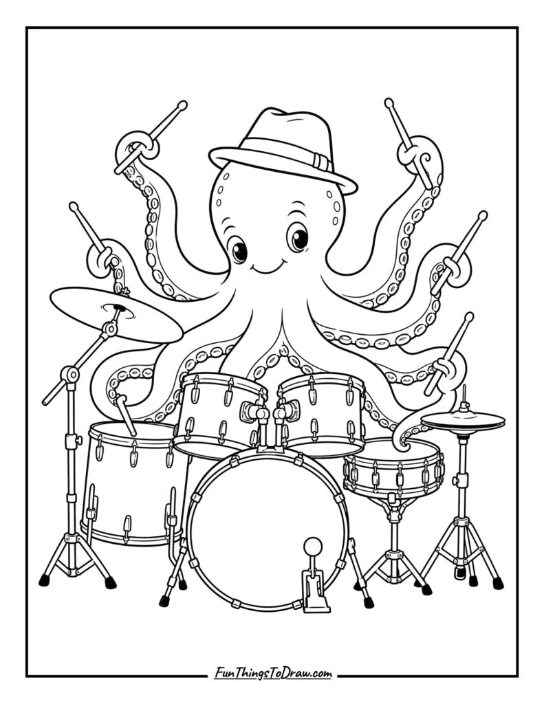 Octopus Playing the Drums coloring page