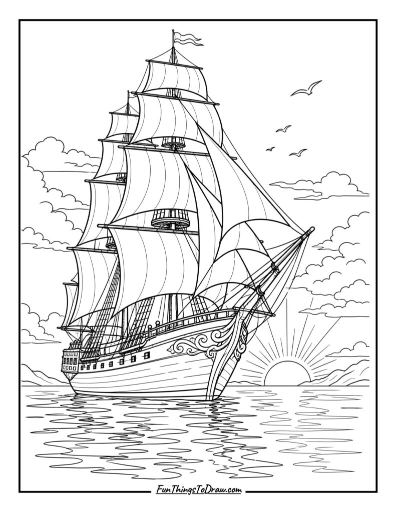 Sailing Ship at Dawn coloring page