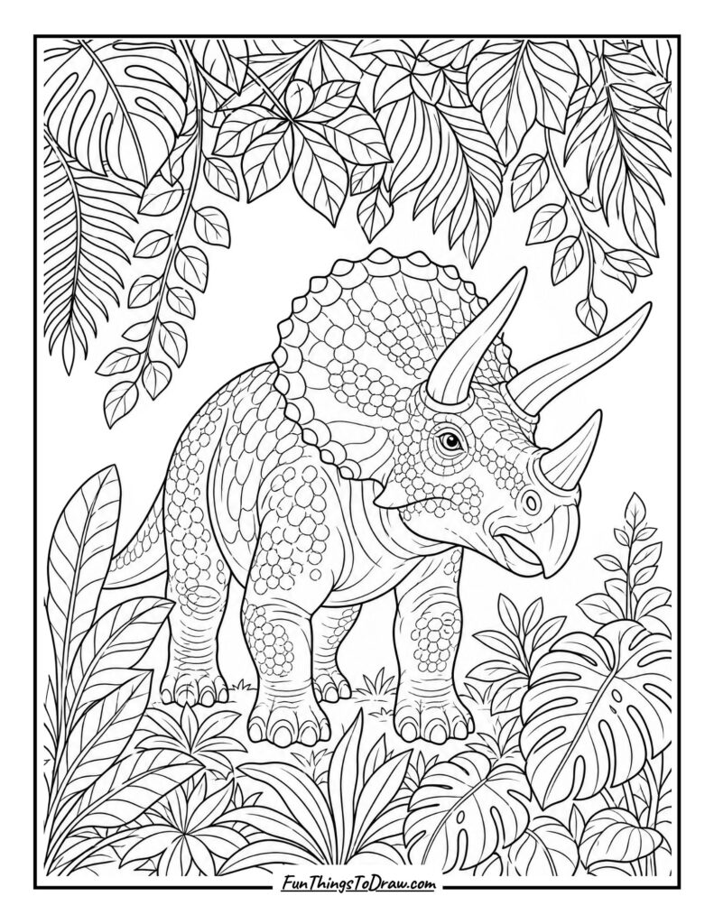 Triceratops under a Canopy of Leaves coloring page