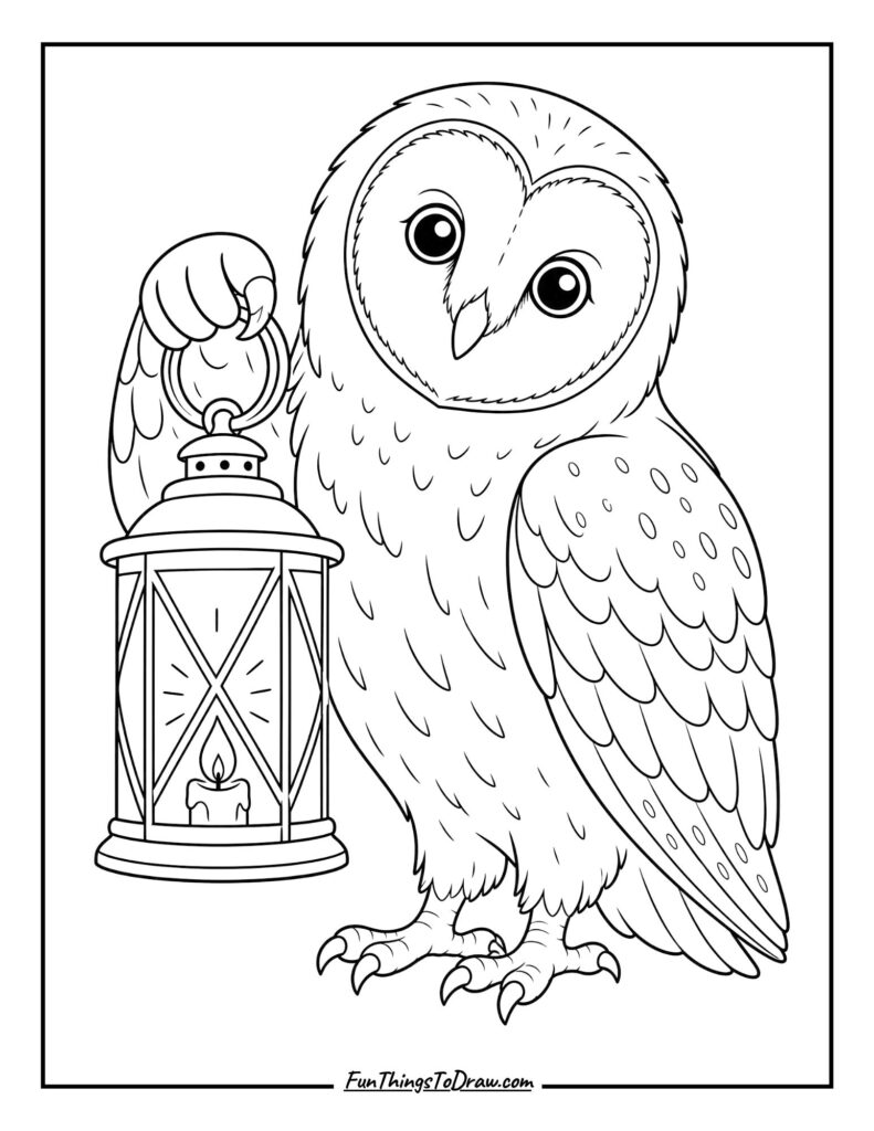 Barn Owl with a Lantern Coloring Page