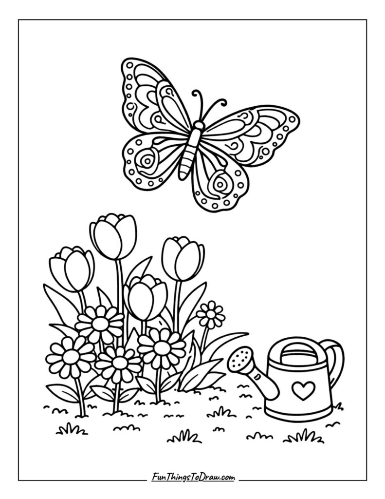 Butterfly Over Spring Garden Coloring Page