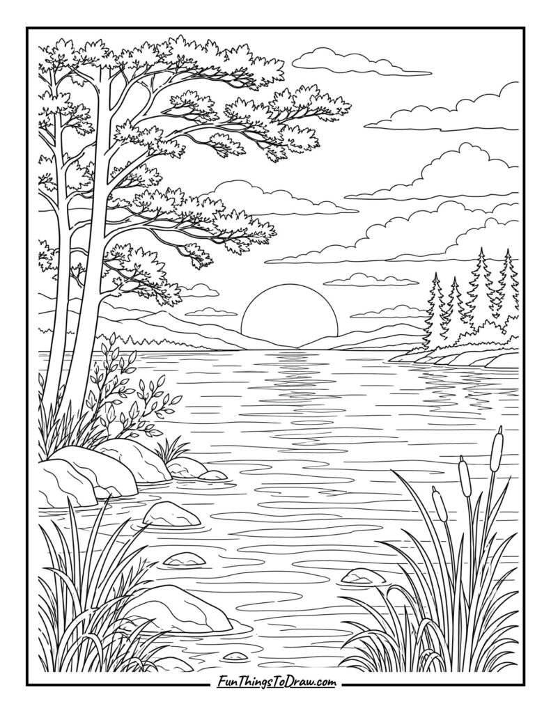 Lakeside Sunset View Coloring Page