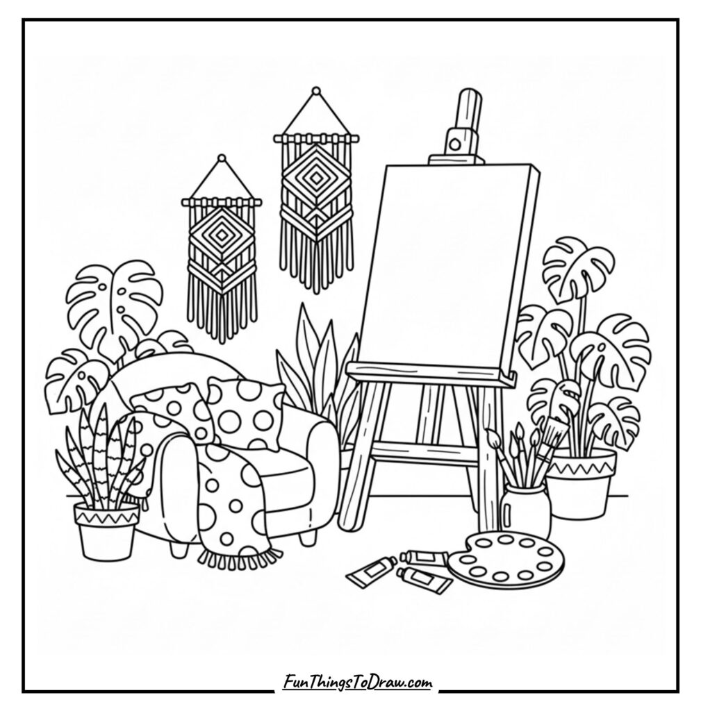 Boho Artist Studio Coloring Page
