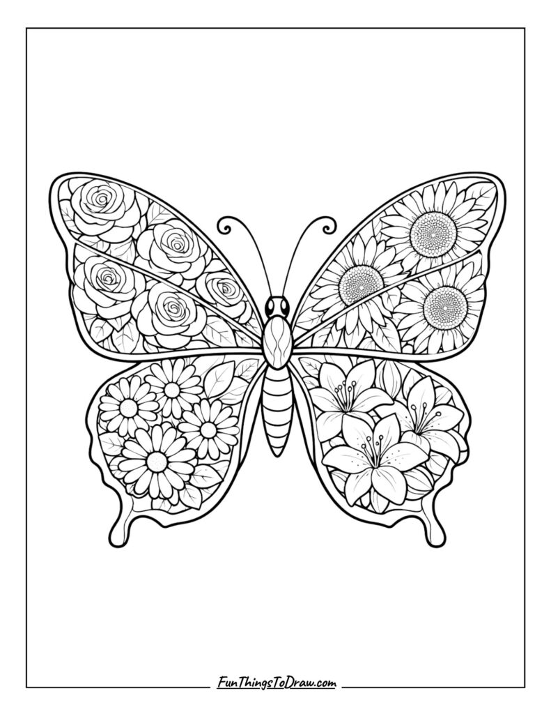 Mixed Flower Butterfly Coloring Page