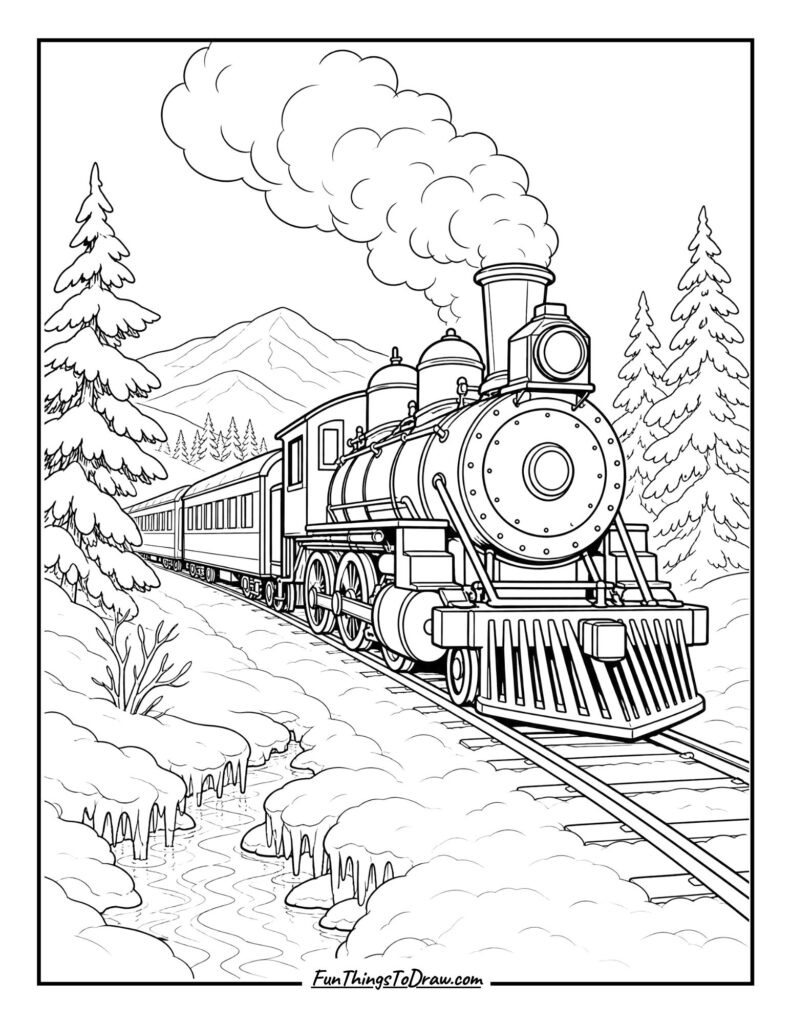 Train in a Snowy Landscape coloring page