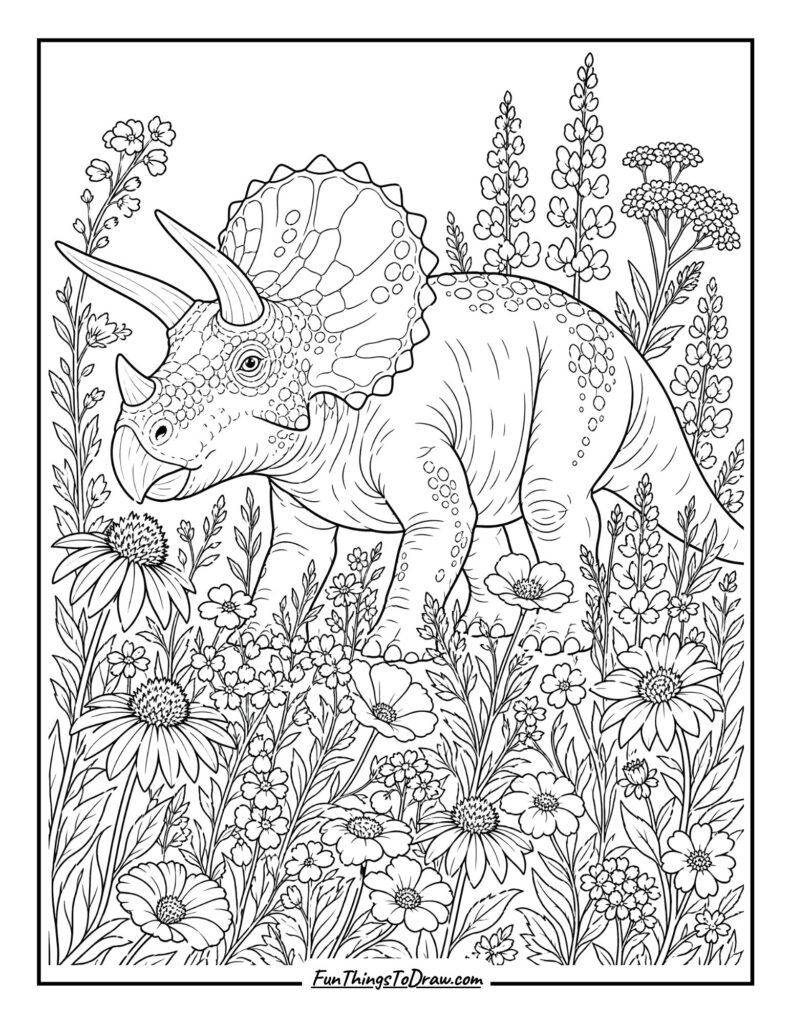 Triceratops in a Field of Wildflowers coloring page