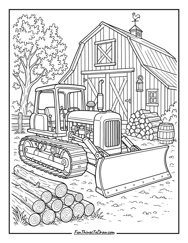 Bulldozer by a Cozy Country Barn coloring page