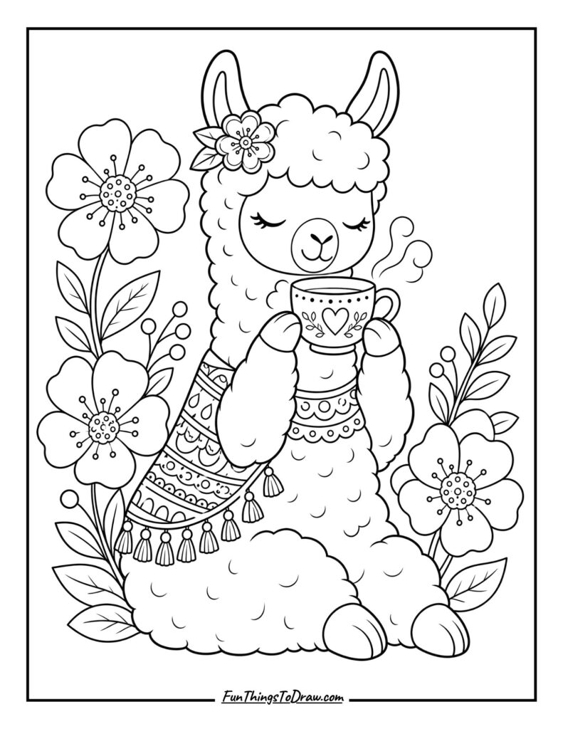 Llama with a Teacup coloring page