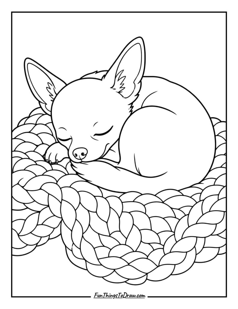 Sleeping Chihuahua on a Knit Blanket Coloring Page