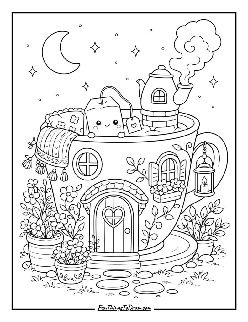 Sleepy Tea-Cup Cottage (Kawaii coloring sheet for adults)
