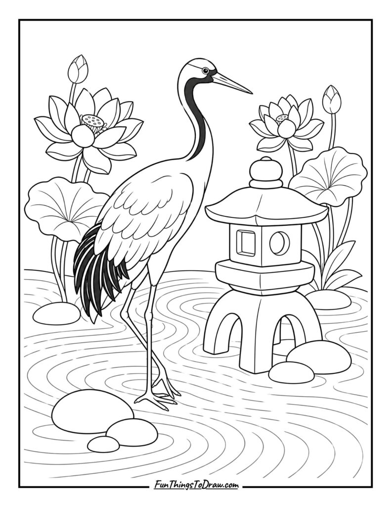 Zen Garden Crane Coloring Page