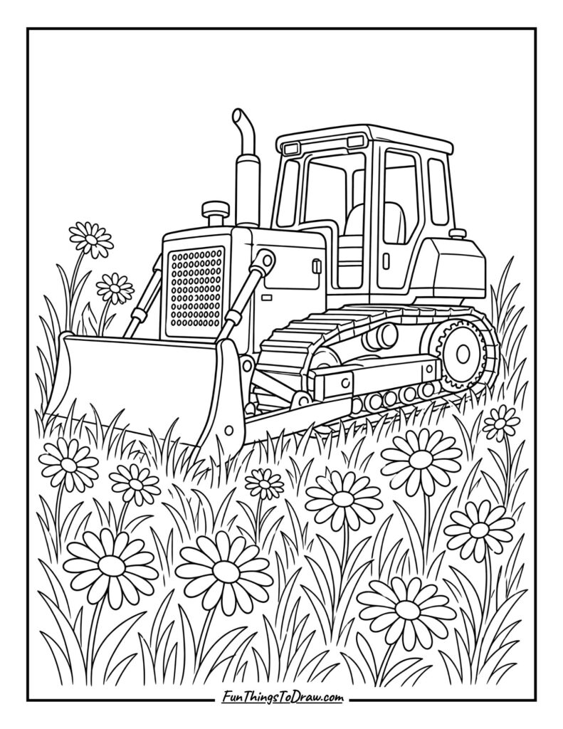 Bulldozer Resting in a Meadow coloring page