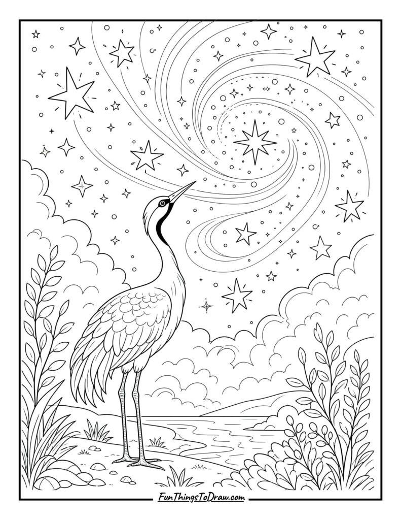 Crane bird in a starry nigh coloring page