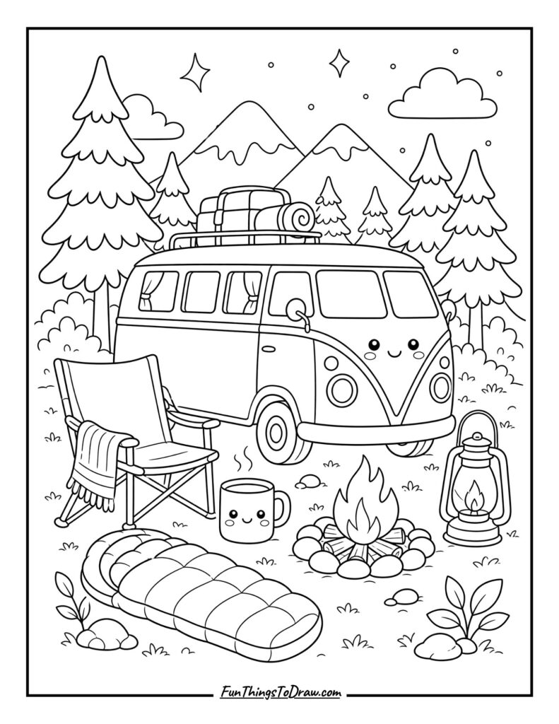 Kawaii Caper Van Coloring Page for Adults
