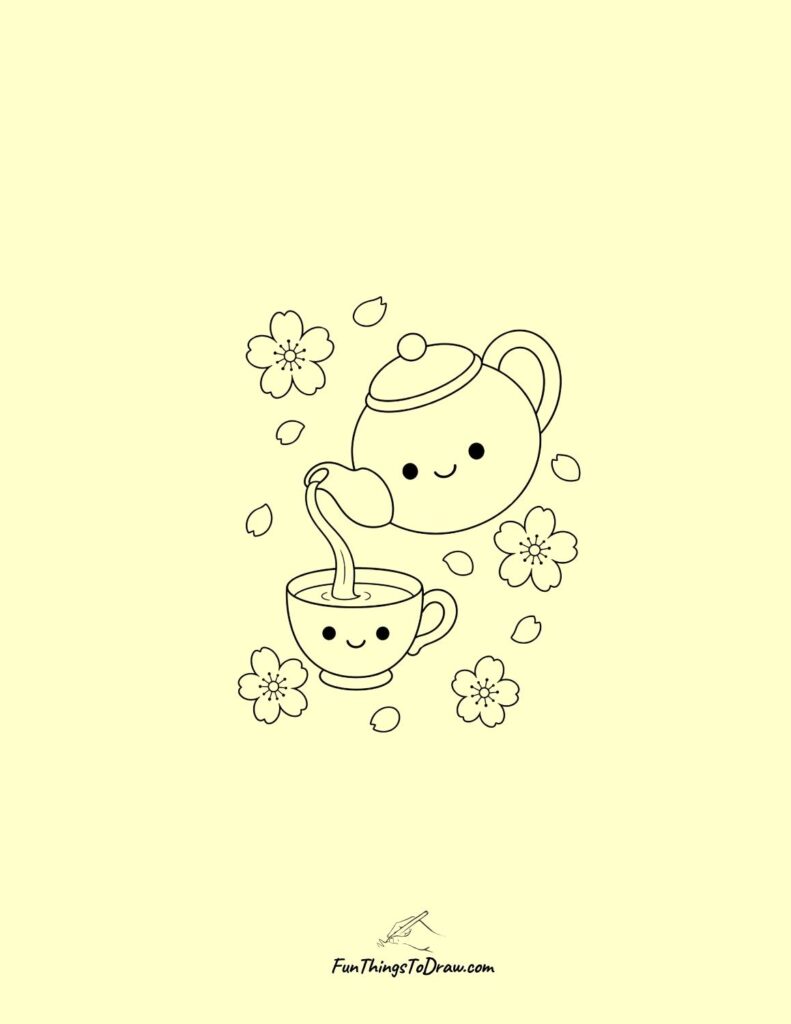 Kawaii Cherry Blossom Tea Set Drawing Idea