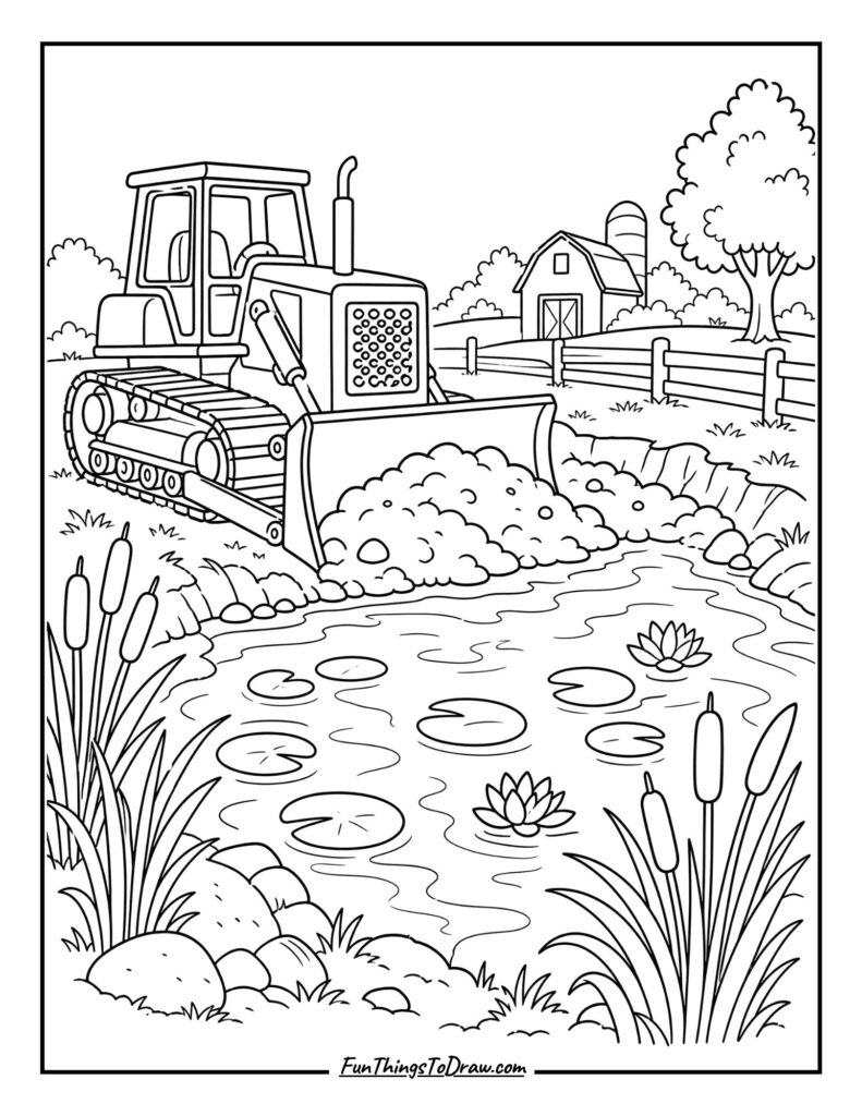 Bulldozer Shaping a Countryside Pond