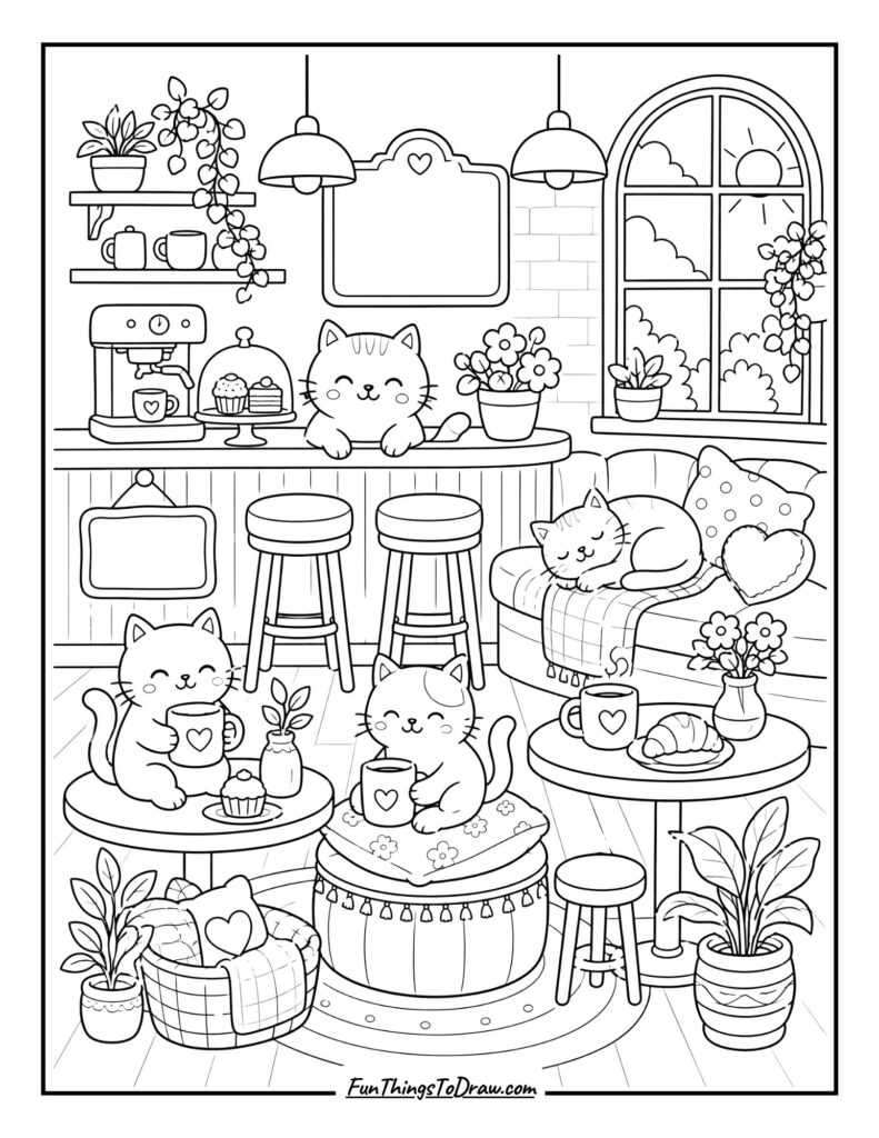 Kawaii Cat Cafe Coloring Page