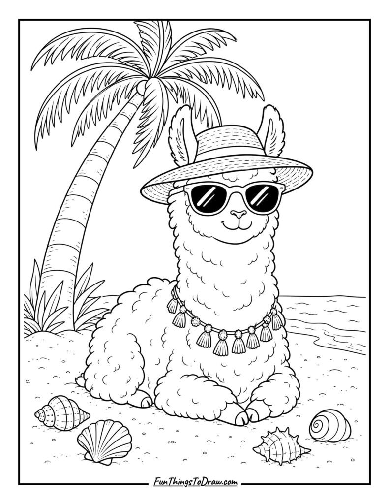 Llama at the Beach coloring page