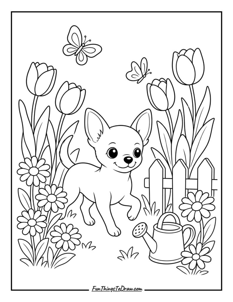 Chihuahua in a Garden of Tulips Coloring Page