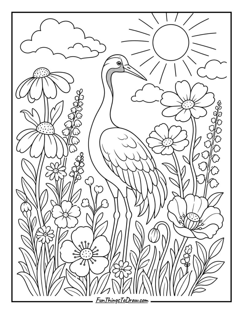 Crane Bird in a Sunburst Meadow Coloring Page