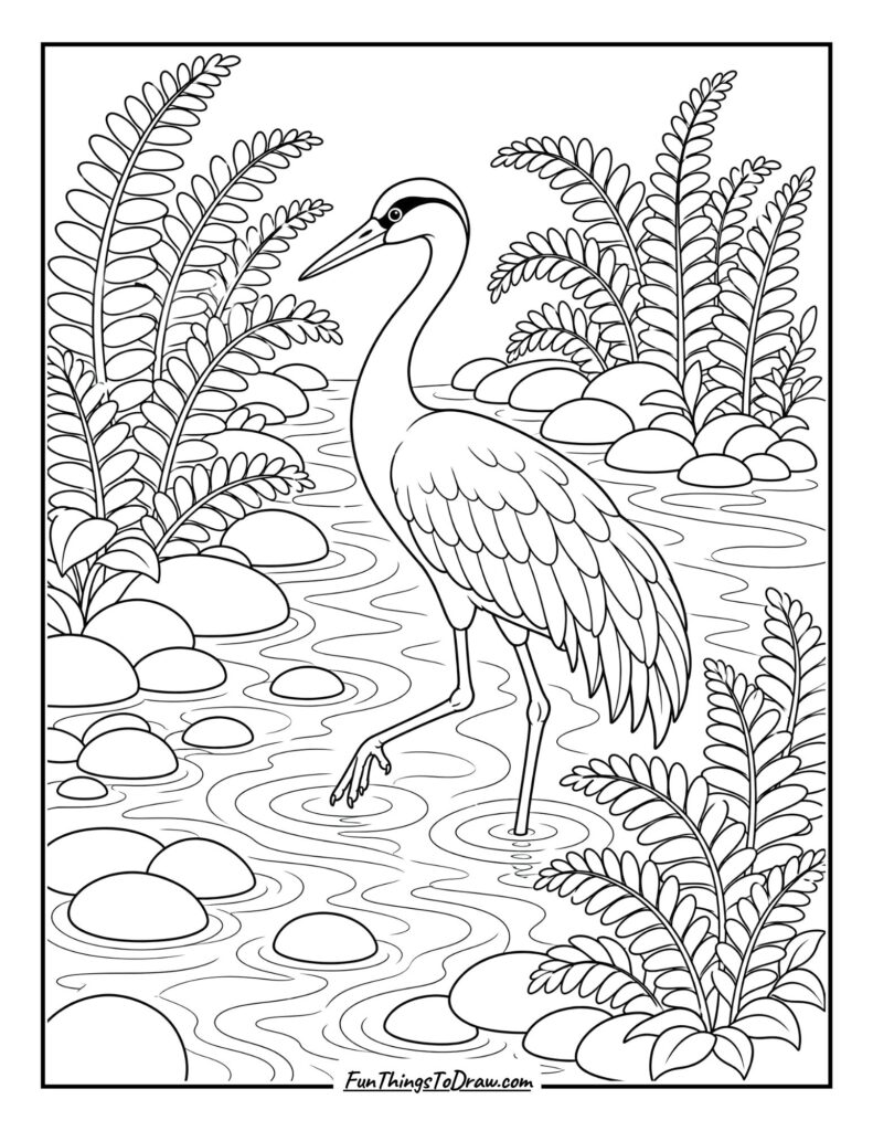 Crane Bird Near River Stones Coloring Page