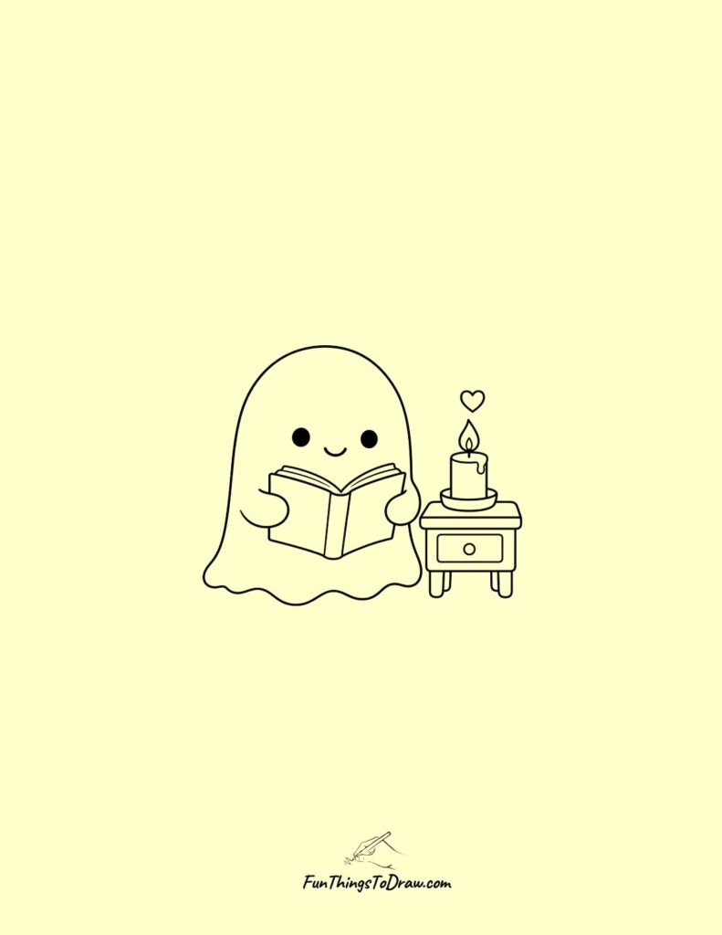Kawaii Ghost with Book and Candle Aesthetic Drawing