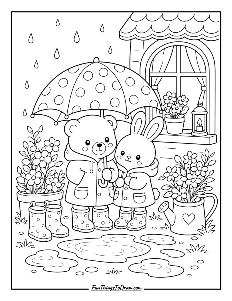Rainy-Day Umbrella Friends (Kawaii Coloring Page for adults)