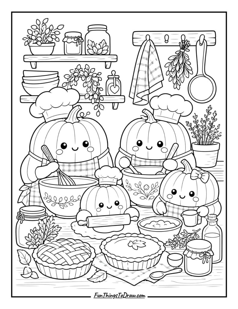 Cottagecore Pumpkin Kitchen Coloring Page for Adults