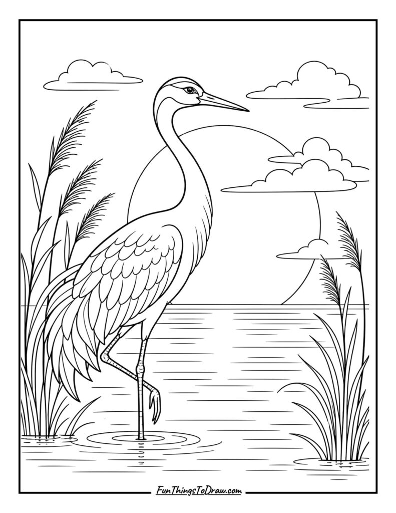 Crane Bird in a Sunset Horizon Coloring Page