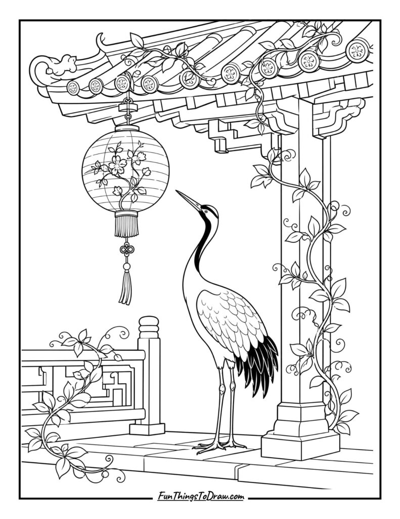 Crane Birds Near Hanging Lantern Coloring Page