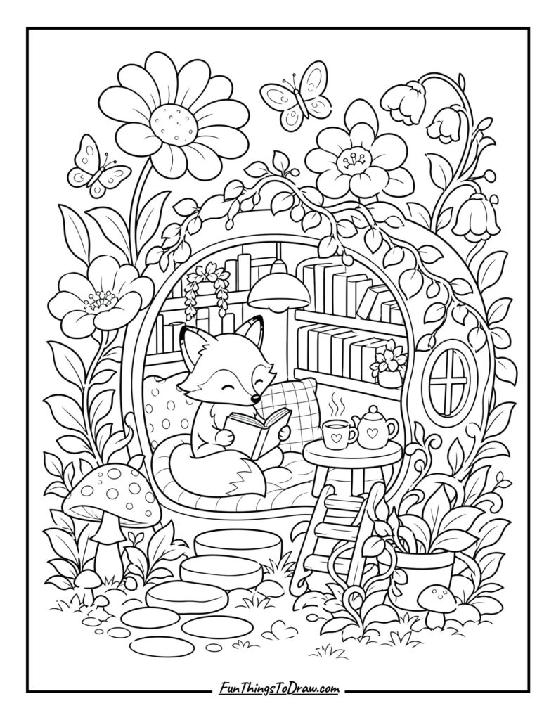Kawaii Garden Library Coloring Page
