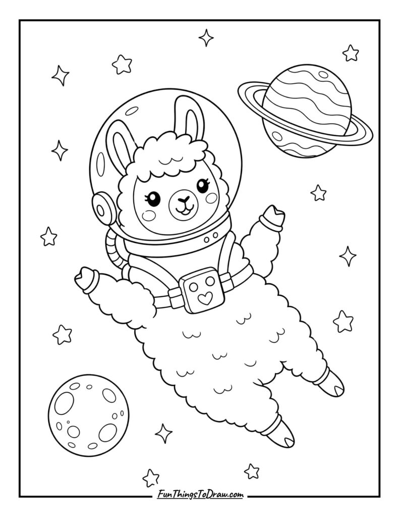 Llama Astronaut Coloring Page