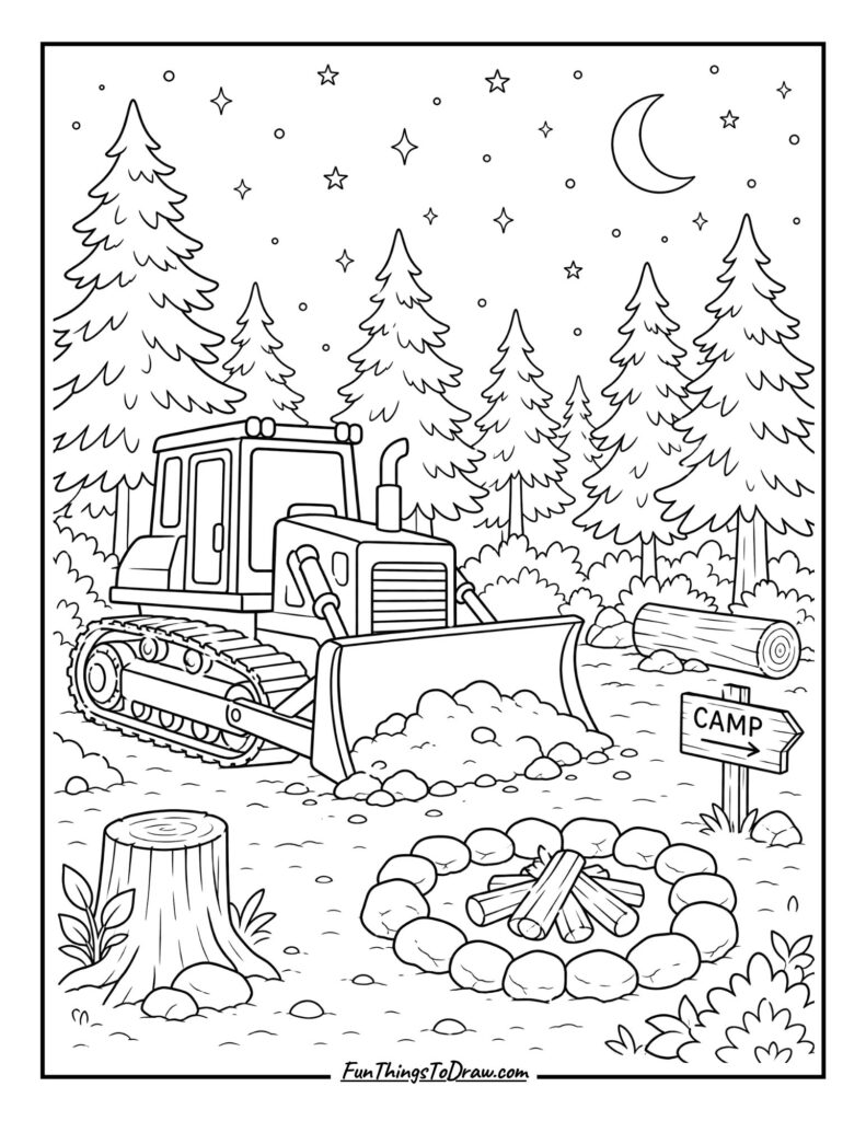 Bulldozer Preparing a Campsite coloring page