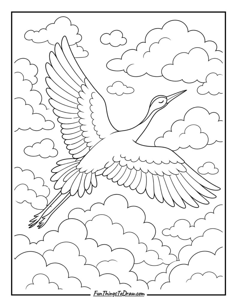 Crane Flying Near Floating Clouds
