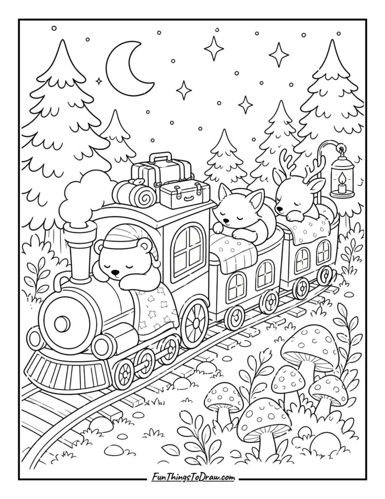 Kawaii forest train coloring page for adults