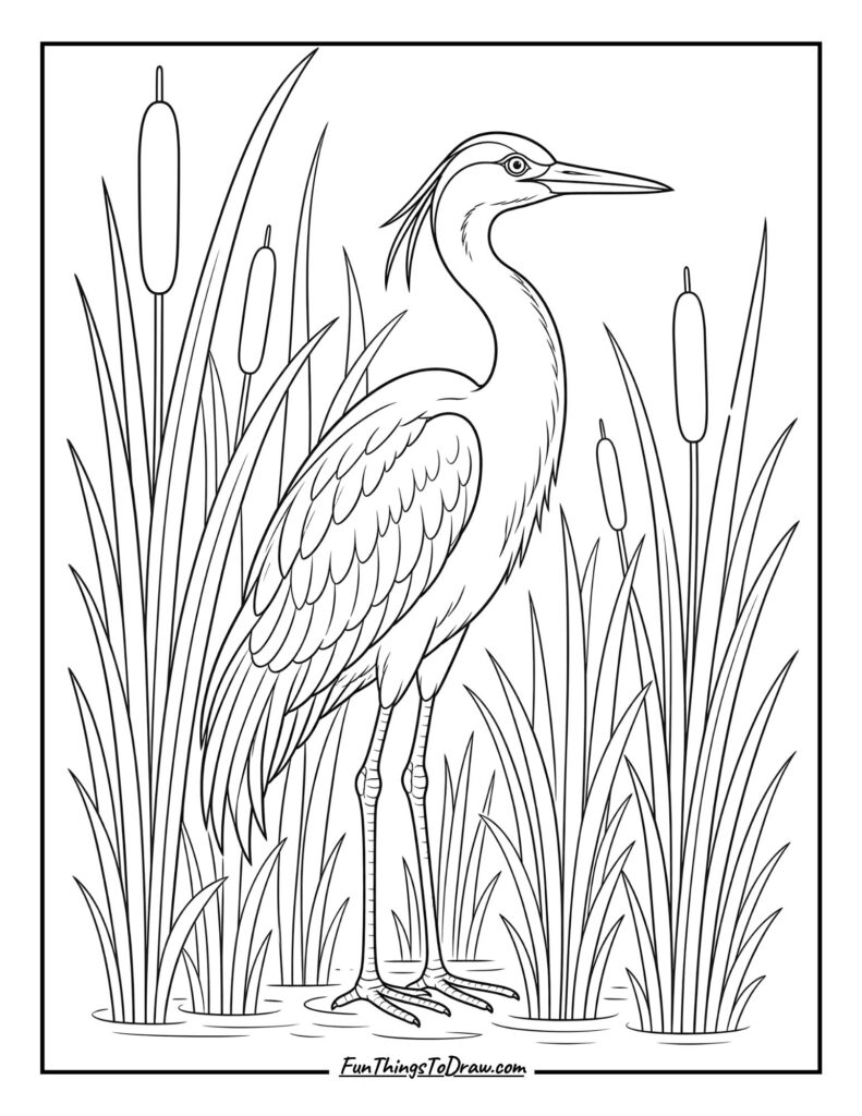 Coloring Page of Crane Bird at Riverbank