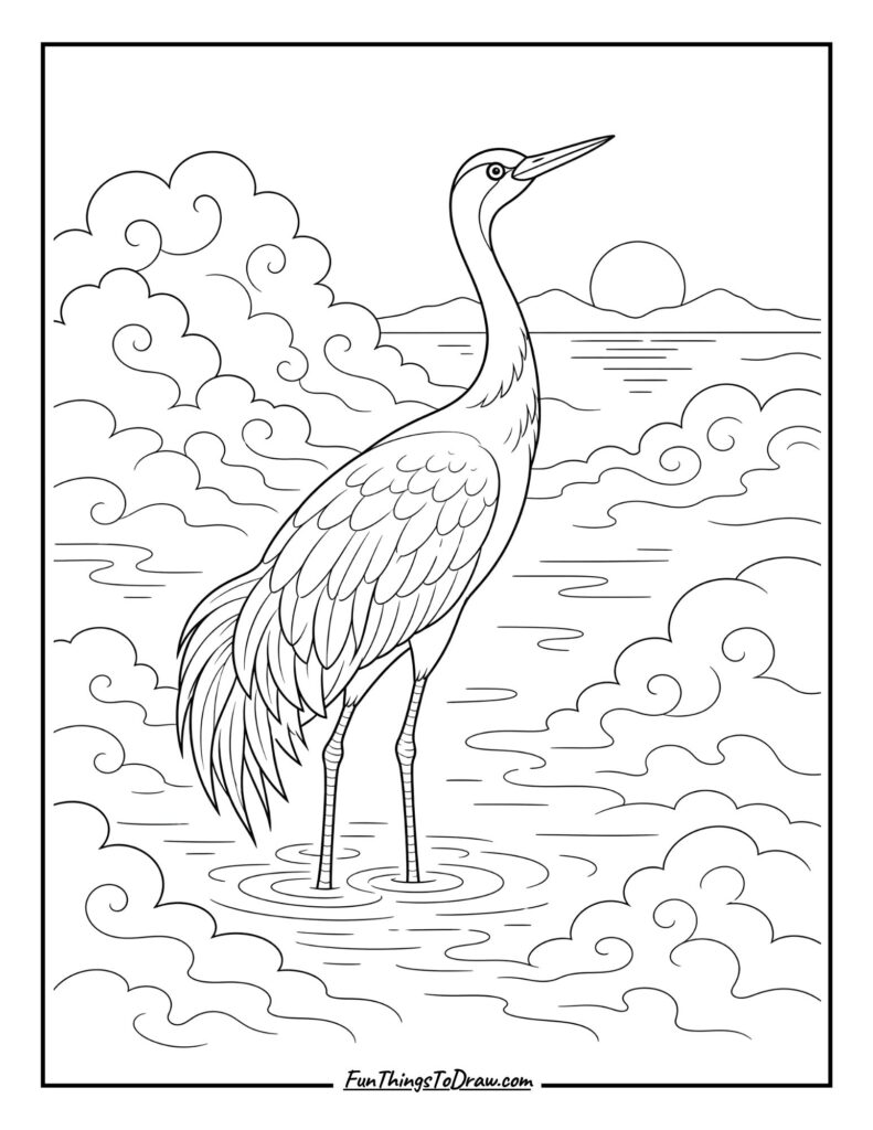 Coloring Page of Crane Bird in a Morning