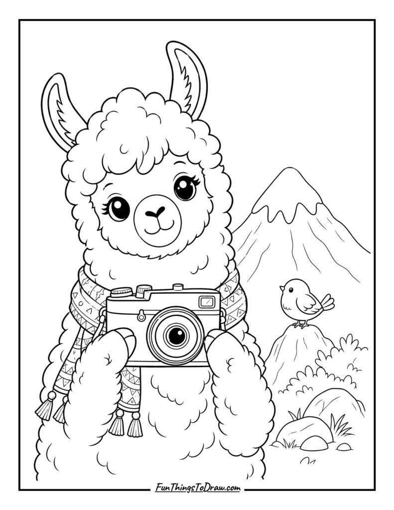 Cute Llama with a Camera Coloring PAge
