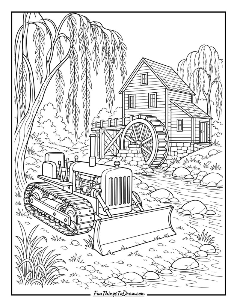 Bulldozer by a Quiet Mill Stream coloring page