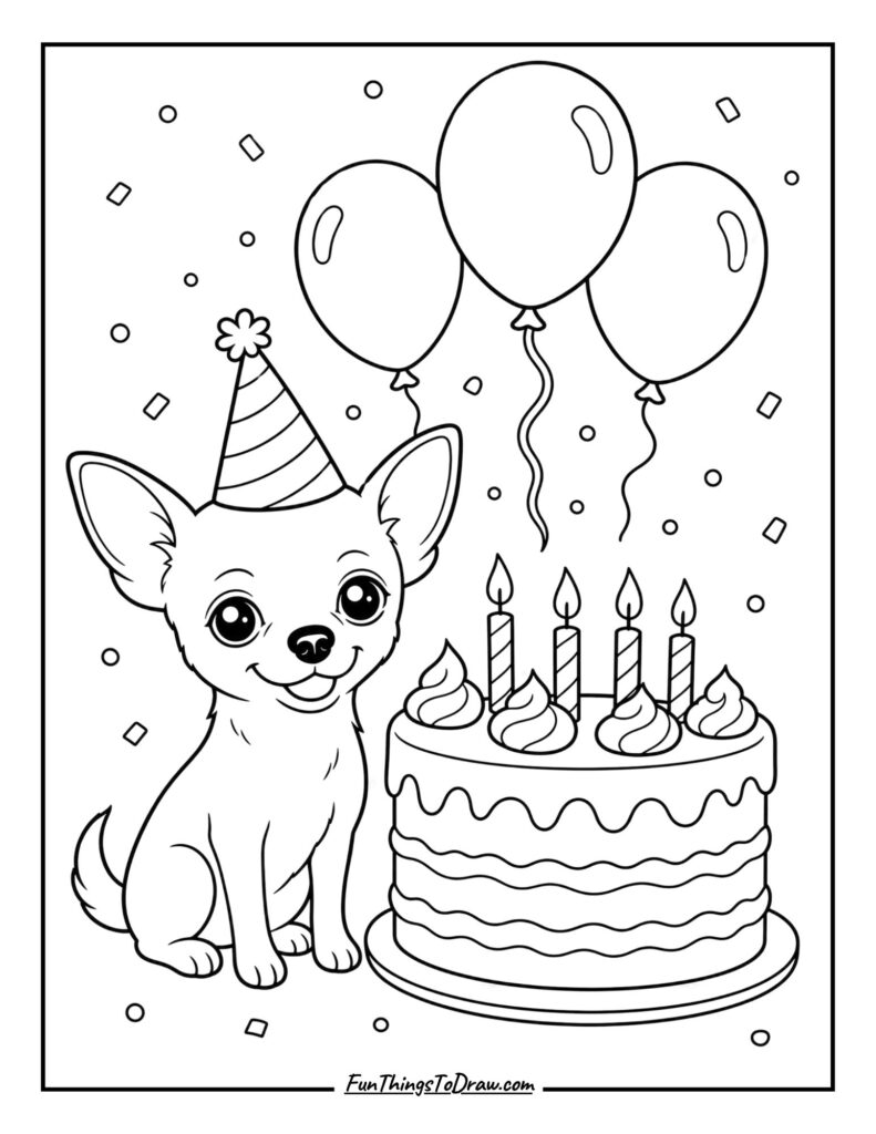 Chihuahua With Birthday Cake and Balloons