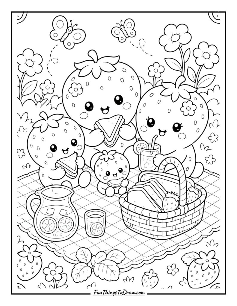 Kawaii Strawberry Picnic Coloring Page for Adults