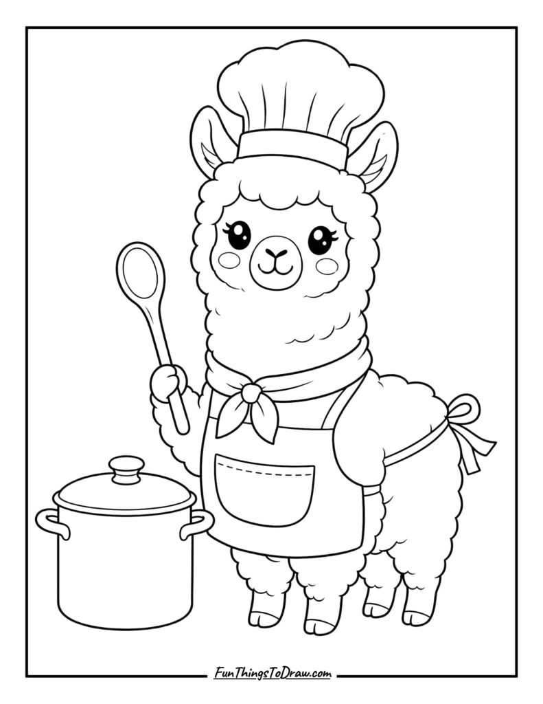 Kawaii Cute Llama Chef Coloring Page